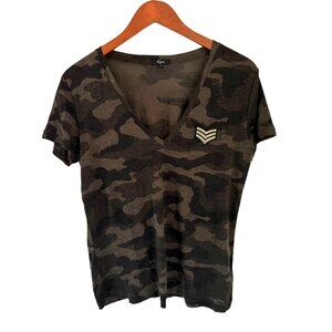 Rails Womens Camouflage V-Neck T-Shirt Small 70% Linen 30% Viscose Army Green &